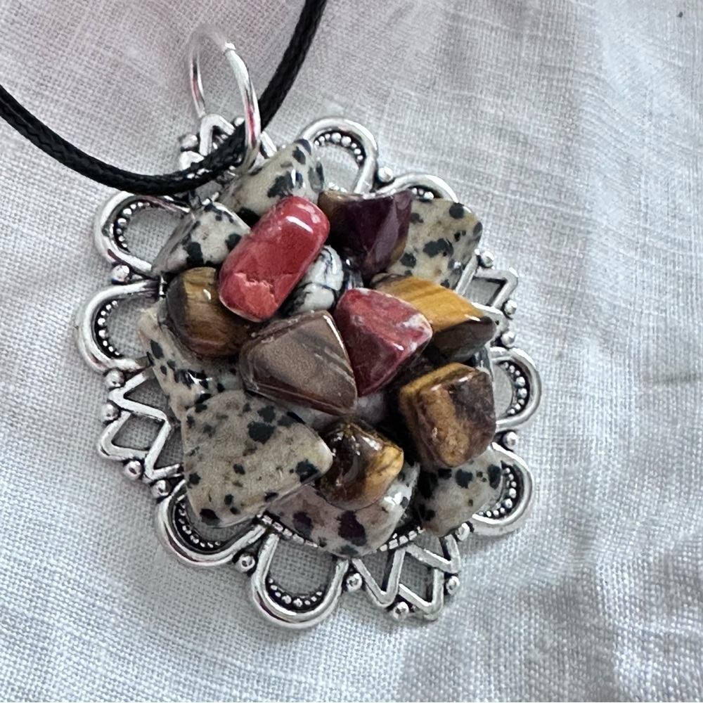 Handmade Dalmatian Jasper and Mixed Gemstone Pendant Necklace Red, Brown Stones